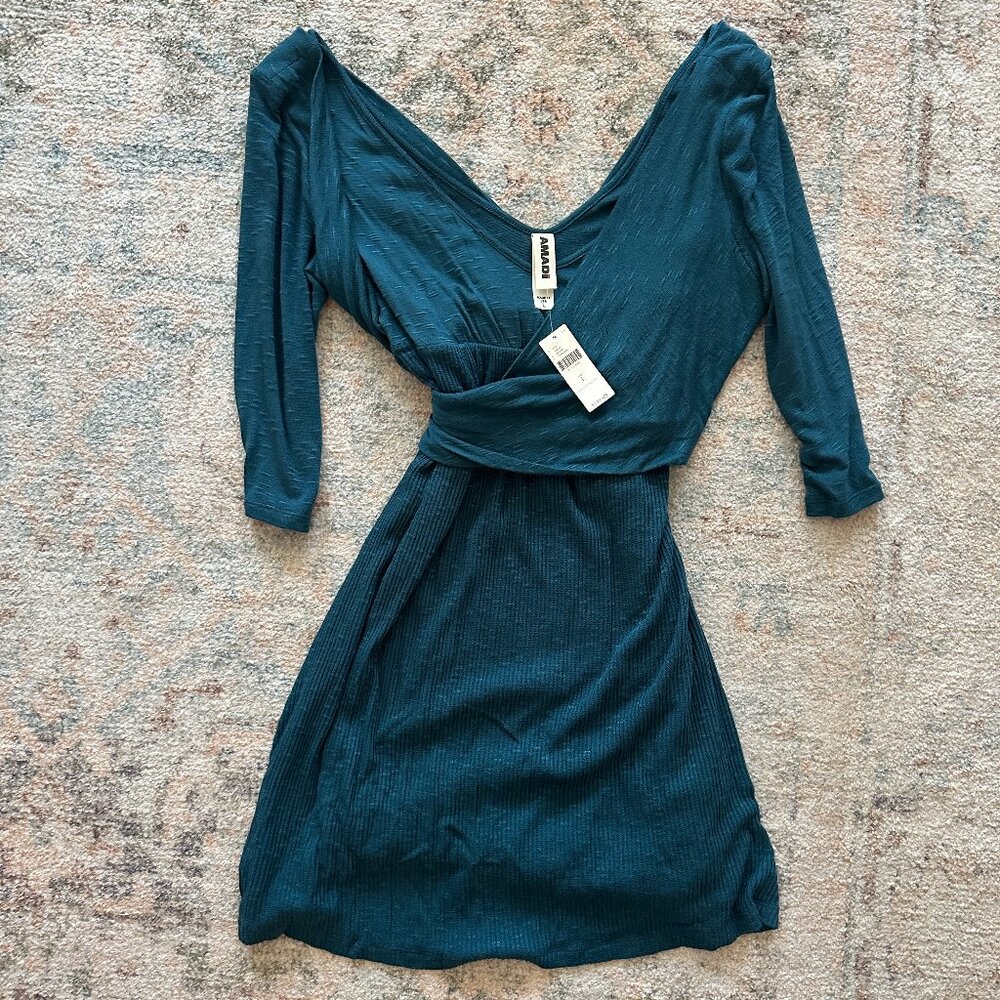 AMADI Anthropologie Lola Surplice Neck Turquois Knit Sweater Dress in Size Large